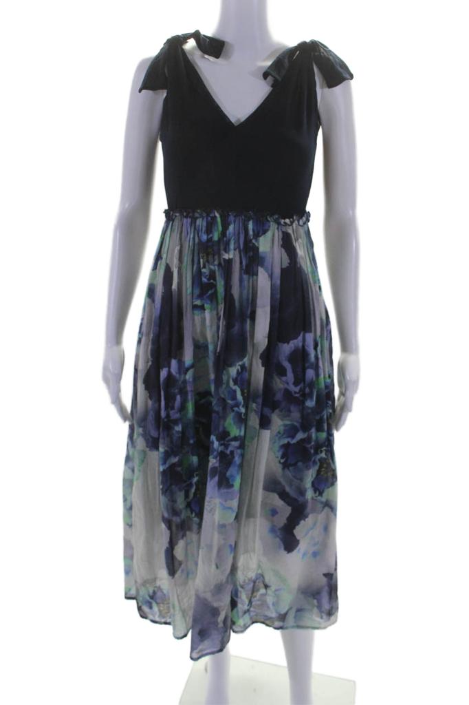 FUZZI Womens Sleeveless Floral Midi Empire Waist Dress Navy Blue Gray