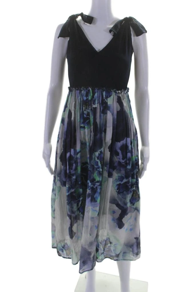 FUZZI Womens Sleeveless Floral Midi Empire Waist Dress Navy Blue Gray 1