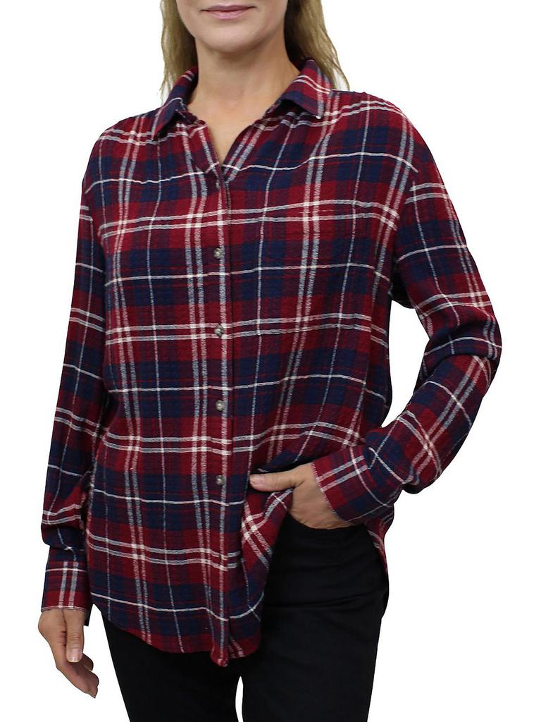 beachlunchlounge Womens Plaid Point-Collar Button-Down Top