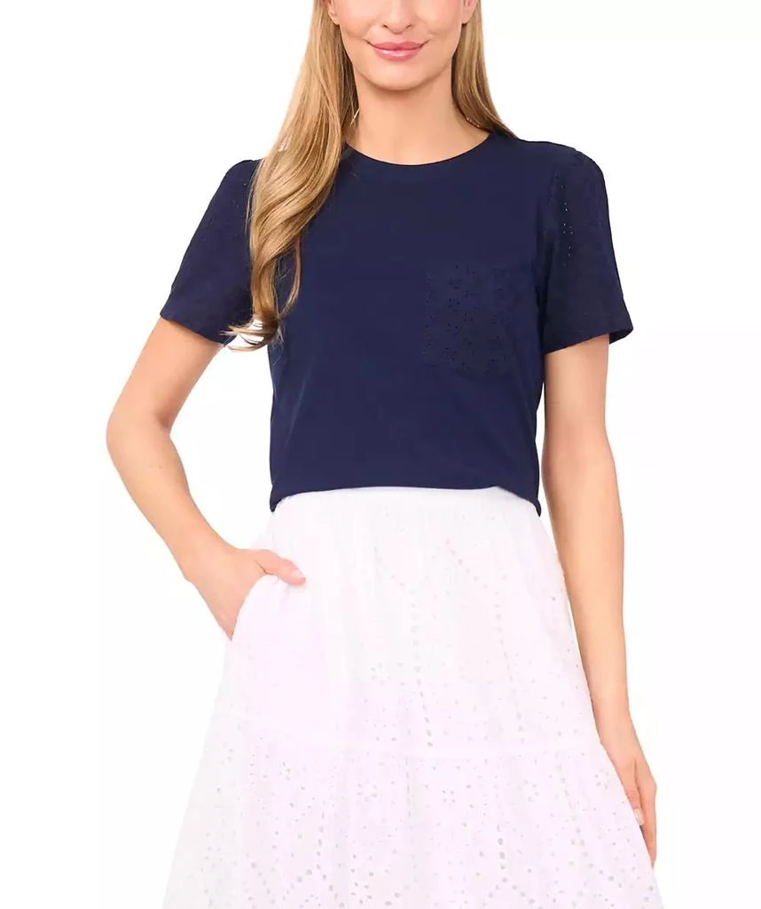 CeCe Women
s Cotton Eyelet-Sleeve Patch-Pocket T-Shirt 1
