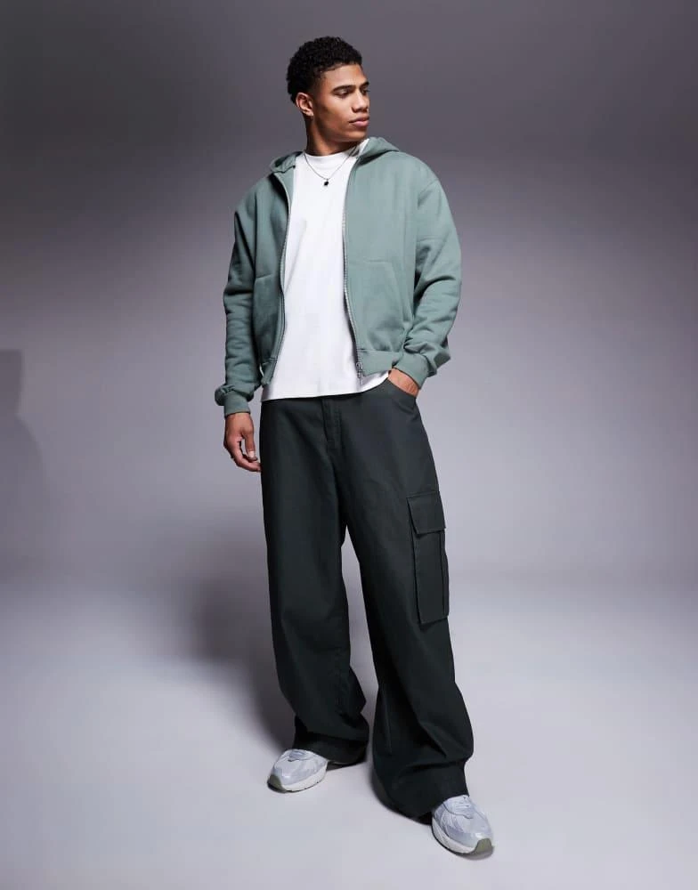 ASOS ASOS DESIGN premium heavyweight boxy oversized zip through hoodie 400gsm in mid green - KHAKI 2