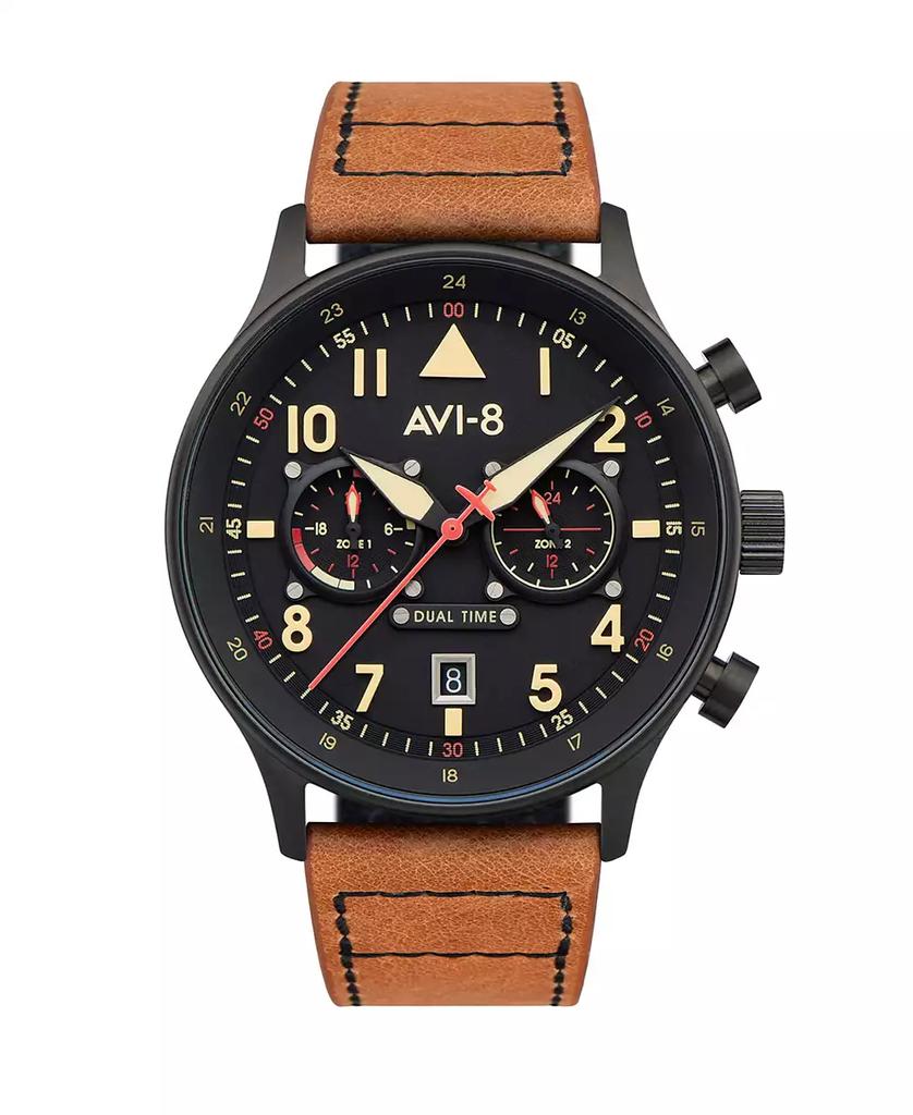AVI-8 Men's Hawker Hurricane Carey Dual Time Debden Brown Genuine Leather Strap Watch