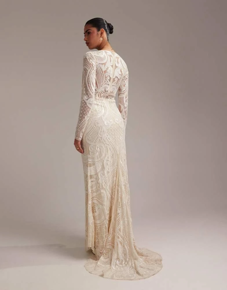 ASOS ASOS DESIGN embroidered plunge long sleeve maxi wedding dress in ivory 3