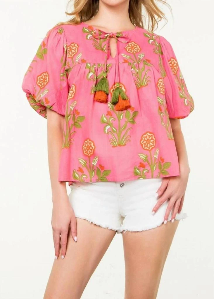 THML Thml - Puff Sleeve Floral Tassel Tie Top