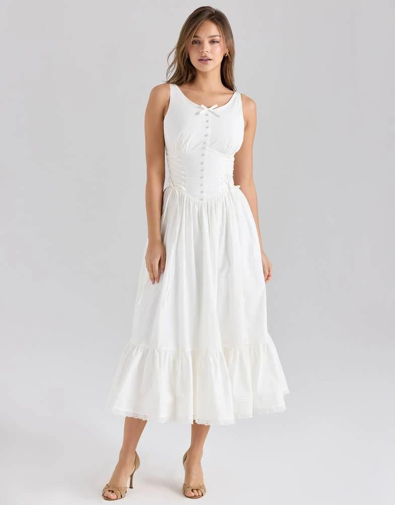 House of CB House of CB Sienna stretch cotton lace up midi dress in white