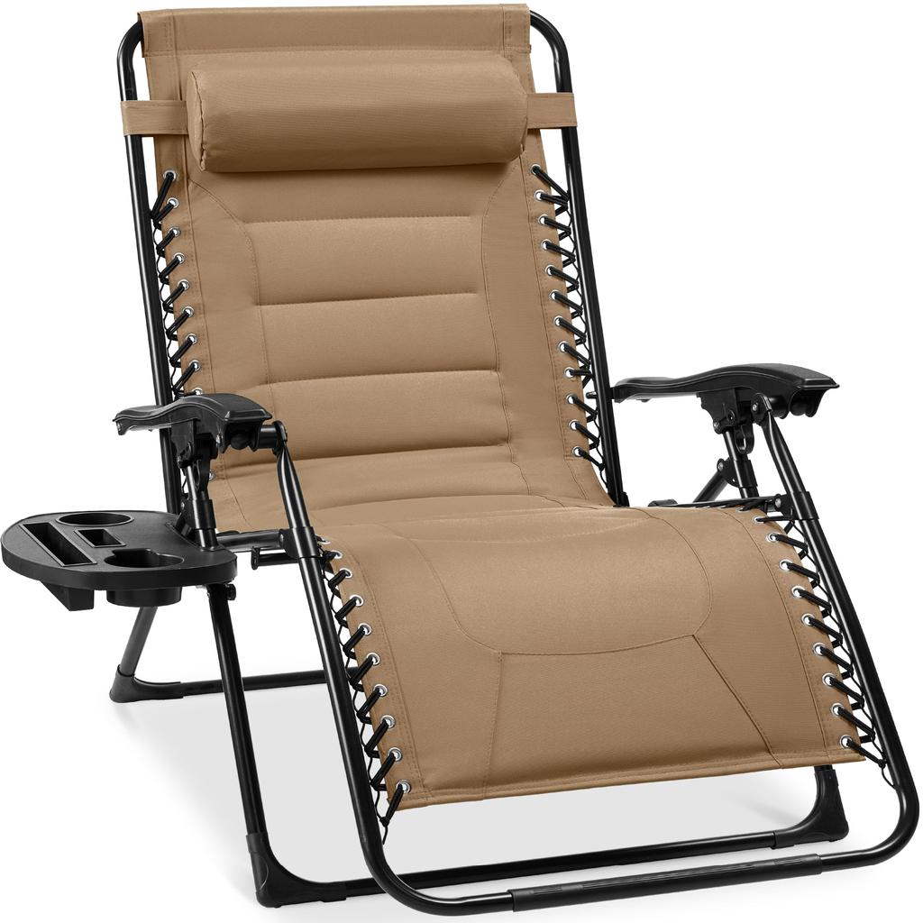 Best Choice Products Oversized Padded Zero Gravity Chair, Folding Outdoor Patio Recliner w/ Side Tray - Beige