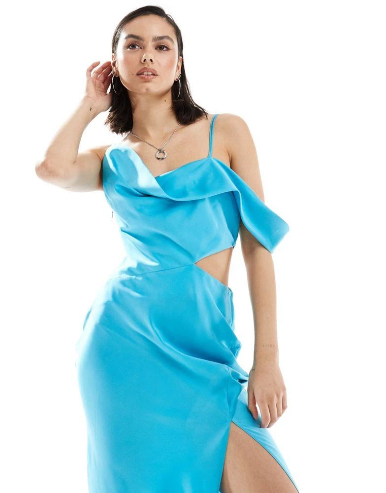 ASOS ASOS DESIGN satin asymmetric shoulder maxi dress with cut out detail in turquoise 3