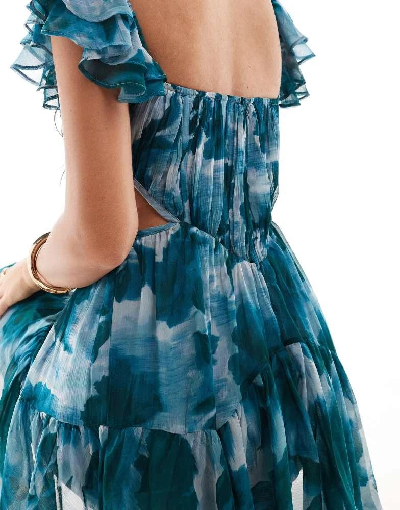 ASOS ASOS DESIGN flutter sleeve corset cut out mini skater dress in blue floral 4