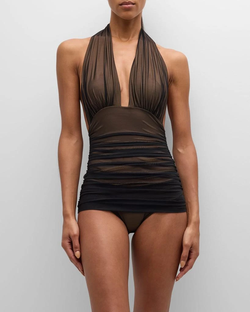 Norma Kamali Bill Ruched-Mesh Halter Maillot Swimsuit 2