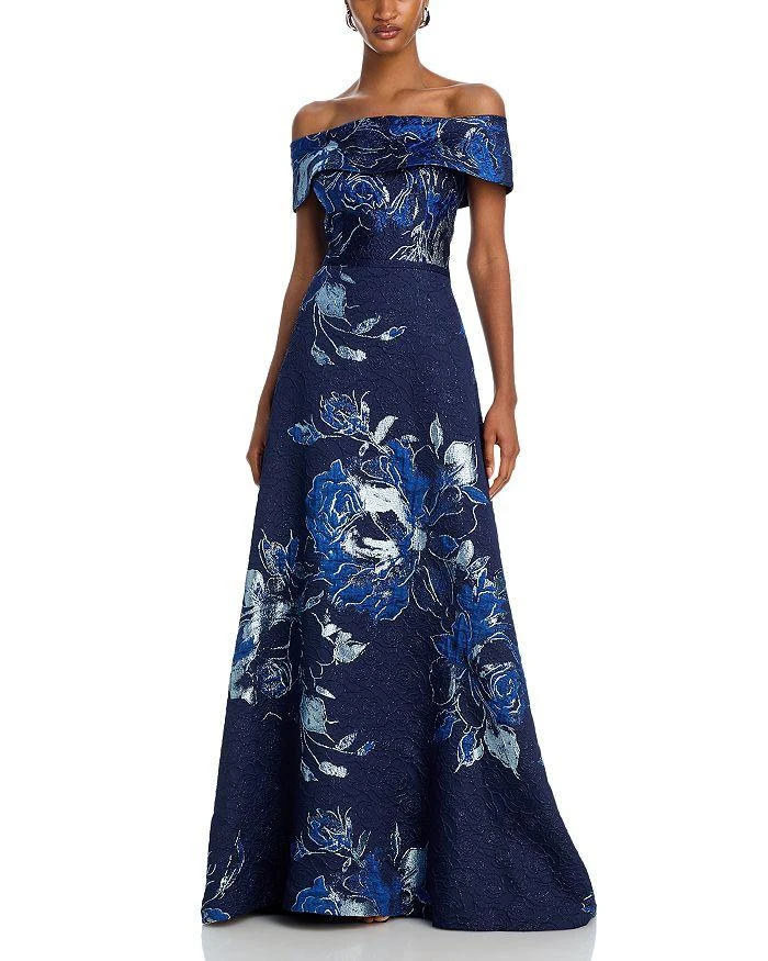 Teri Jon Off-the-Shoulder Metallic Floral Jacquard Gown 1