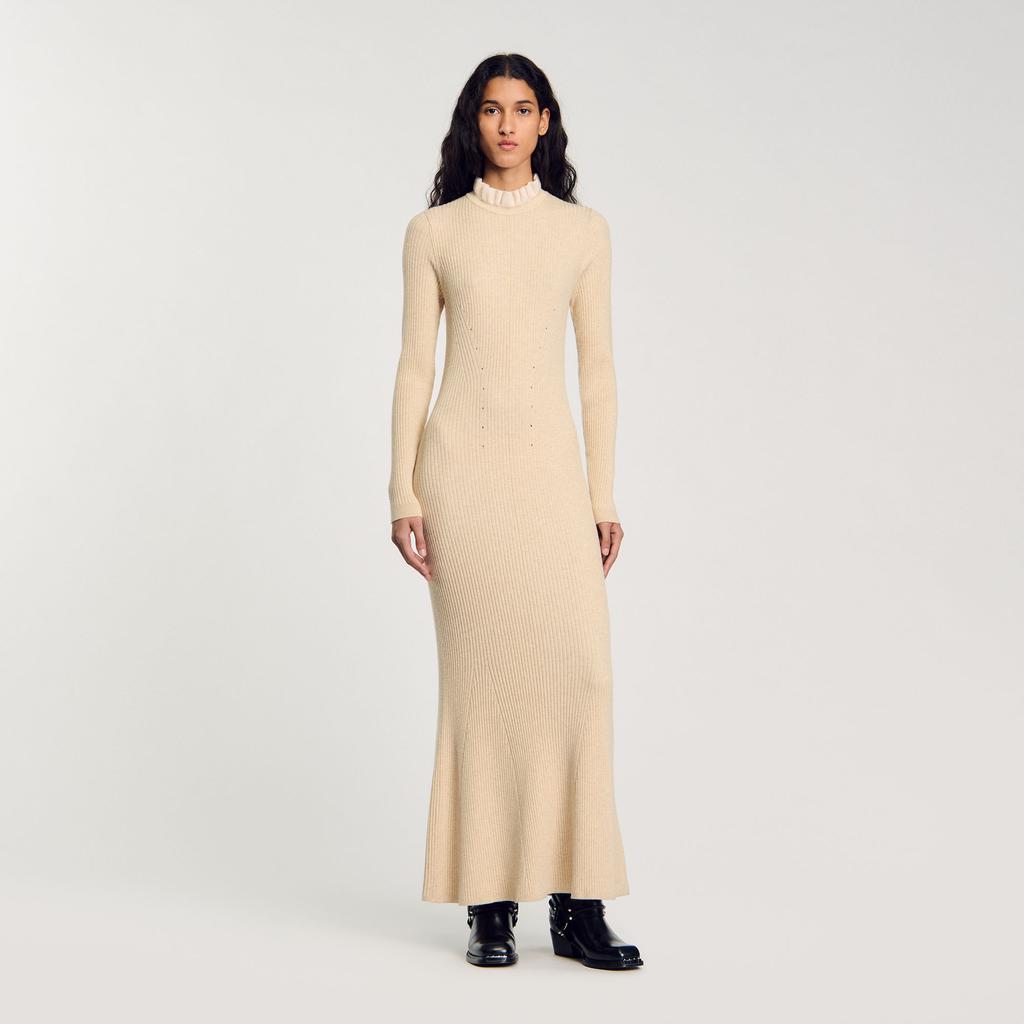 【SANDRO】Knit Maxi Dress with Studs Knit maxi dress with studs black / gray For Women | Sandro Paris