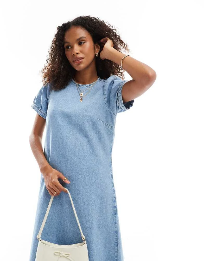 ASOS ASOSD DESIGN denim puff sleeve midi dress in mid blue 3