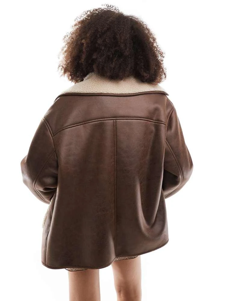 Stradivarius Stradivarius faux leather jacket with borg lining in brown 4