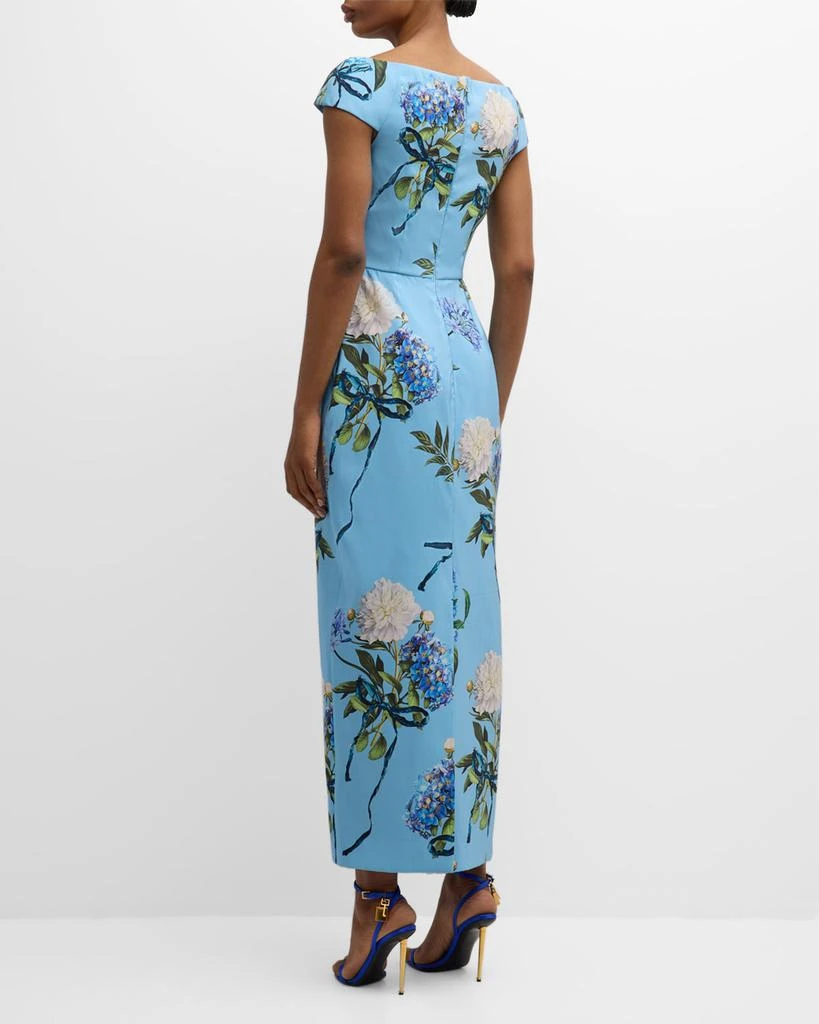 Monique Lhuillier Hydrangea-Print Cap-Sleeve Faille Column Gown 4