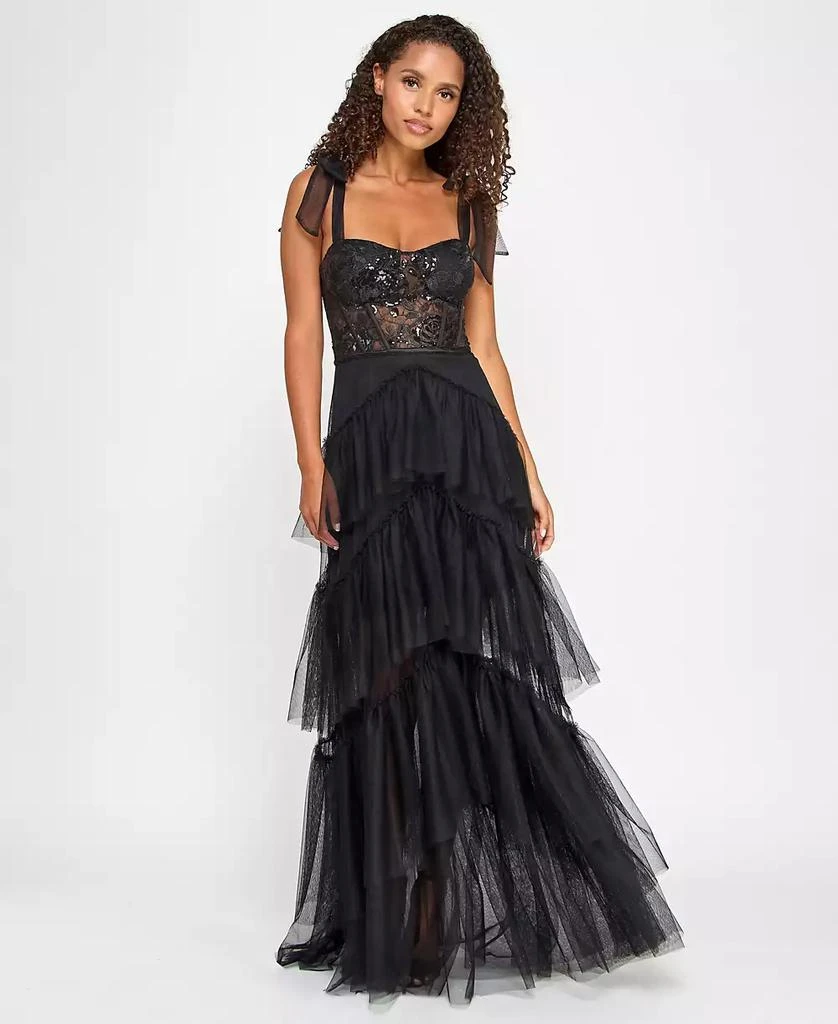 City Studios Juniors' Sequin-Corset Tie Shoulder Layered-Skirt Gown, Created for Macy's 1