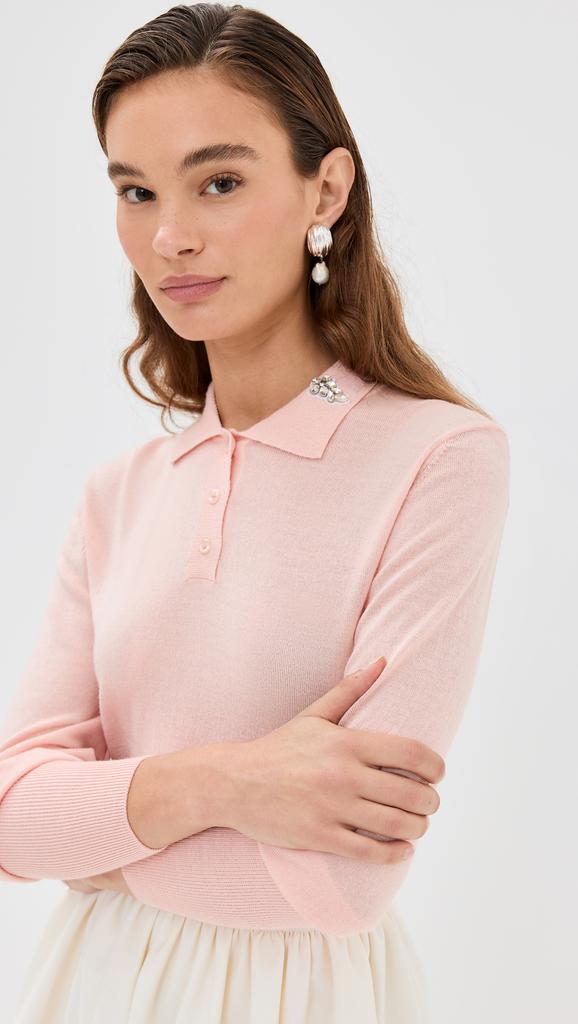 Simone Rocha Merino Silk Knit Polo Sweater with Embellishments