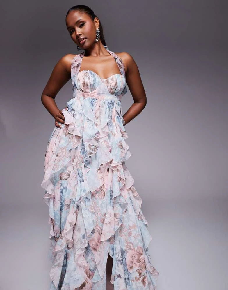 Shop ASOS LUXE halter maxi dress with waterfall ruffles in lace floral  print on Sale at BeyondStyle  Get 35% Off ASOS LUXE halter maxi dress with  waterfall ruffles in lace floral