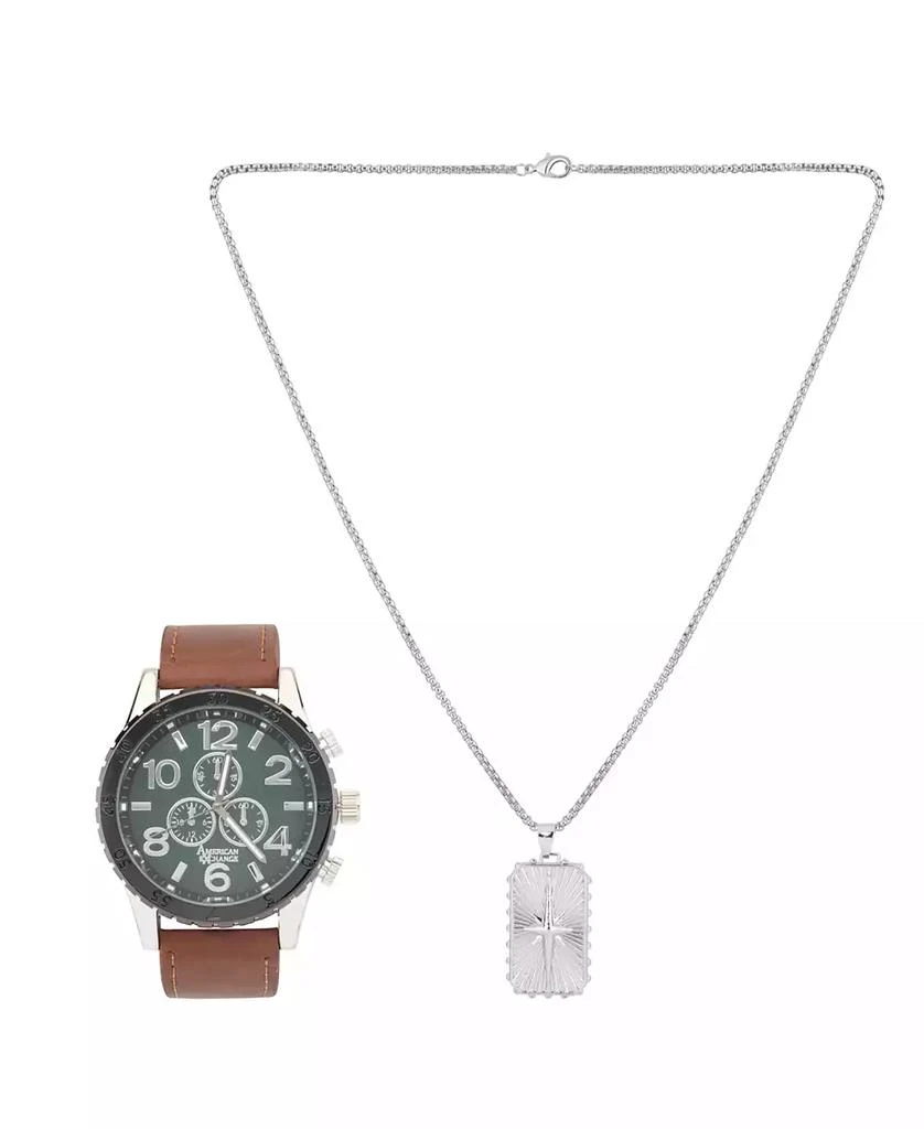 American Exchange Men's Black Polyurethane Leather Strap Analog Watch 48mm with Pendant Necklace Gift Set 1
