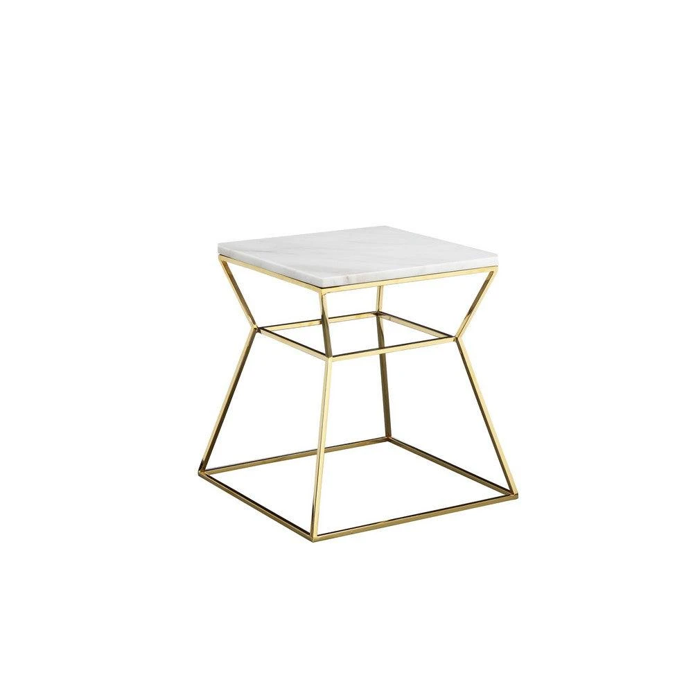 Hivvago Lio 18 Inch Side End Table, White Marble Top, Gold Open Hourglass Frame
