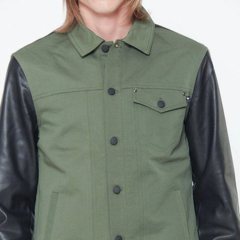 Konus Men's Faux Leather Trucker Jacket In Olive 1