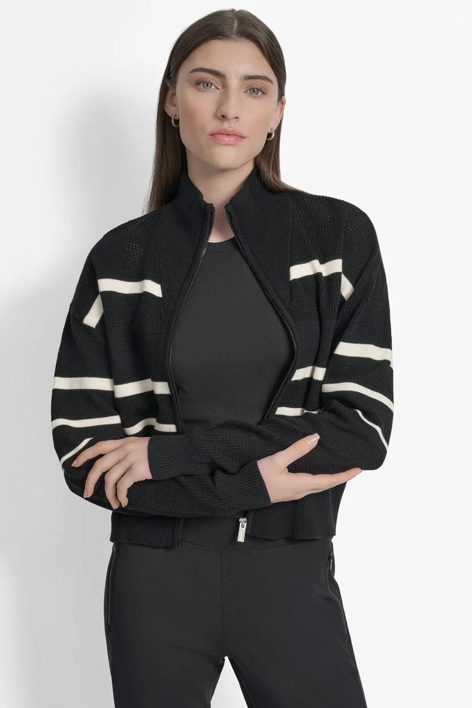 DKNY LOGO STRIPE OPEN-STITCH CARDIGAN JACKET
