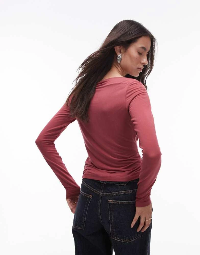 & Other Stories & Other Stories supersoft jersey ruche boat neck top with long sleeves in red 4