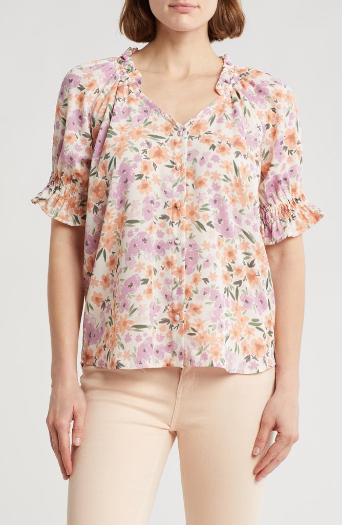 Bobeau Ruffle Button-Up Top