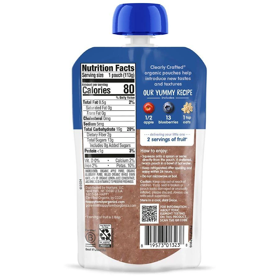Happy Baby Organics Clearly Crafted Stage 2 Apples, Blueberries & Oats Pouch 3