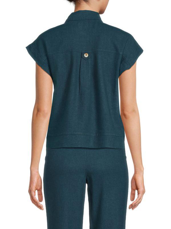 Andrew Marc ​Zip Front Linen-Blend Cap-Sleeve Vest