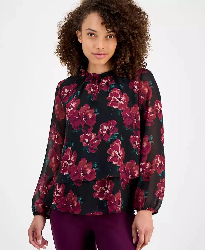 AK Anne Klein Women's Ruffle-Neck Long-Sleeve Chiffon Top