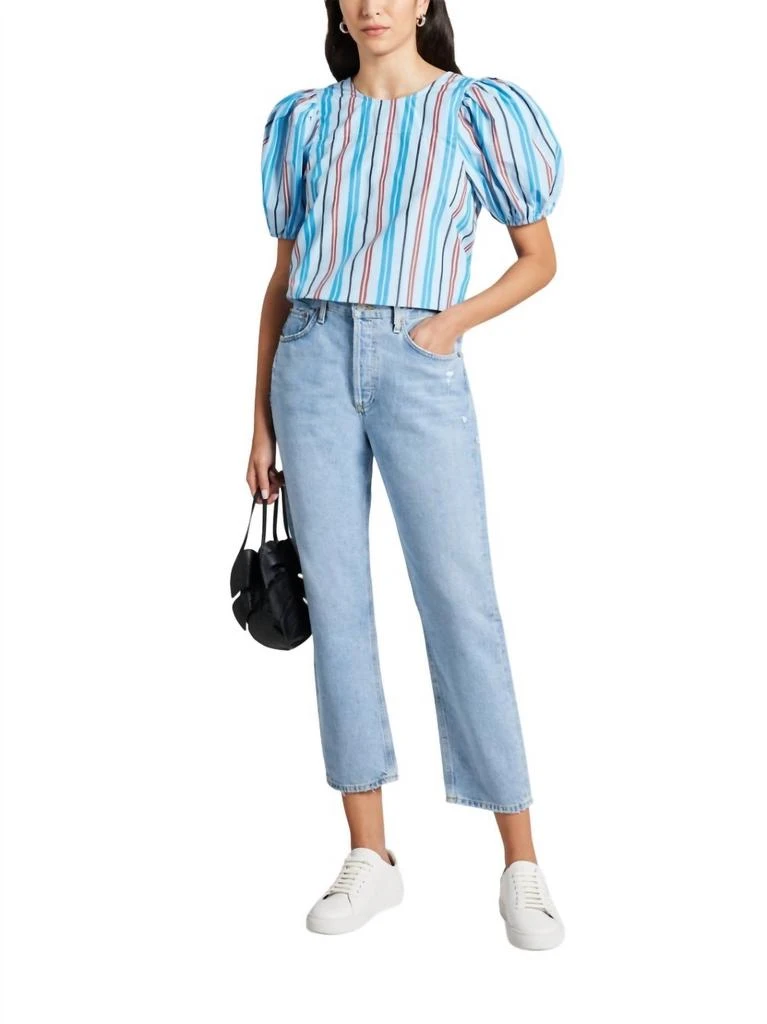 Ganni Stripe Print Organic Cotton Blouse In Brilliant Blue 1