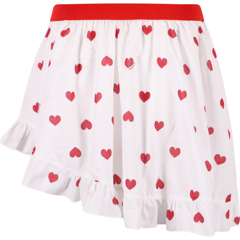 Monnalisa Elastic waist love hearts asymmetric ruffled skirt in white and red
