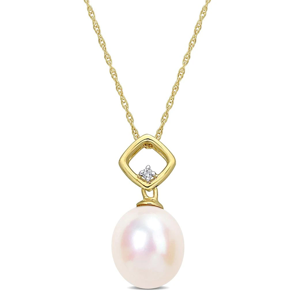Mimi & Max 9-9.5mm Cultured Freshwater Pearl and Diamond Accent Drop Pendant with Chain in 10k Yellow Gold 1