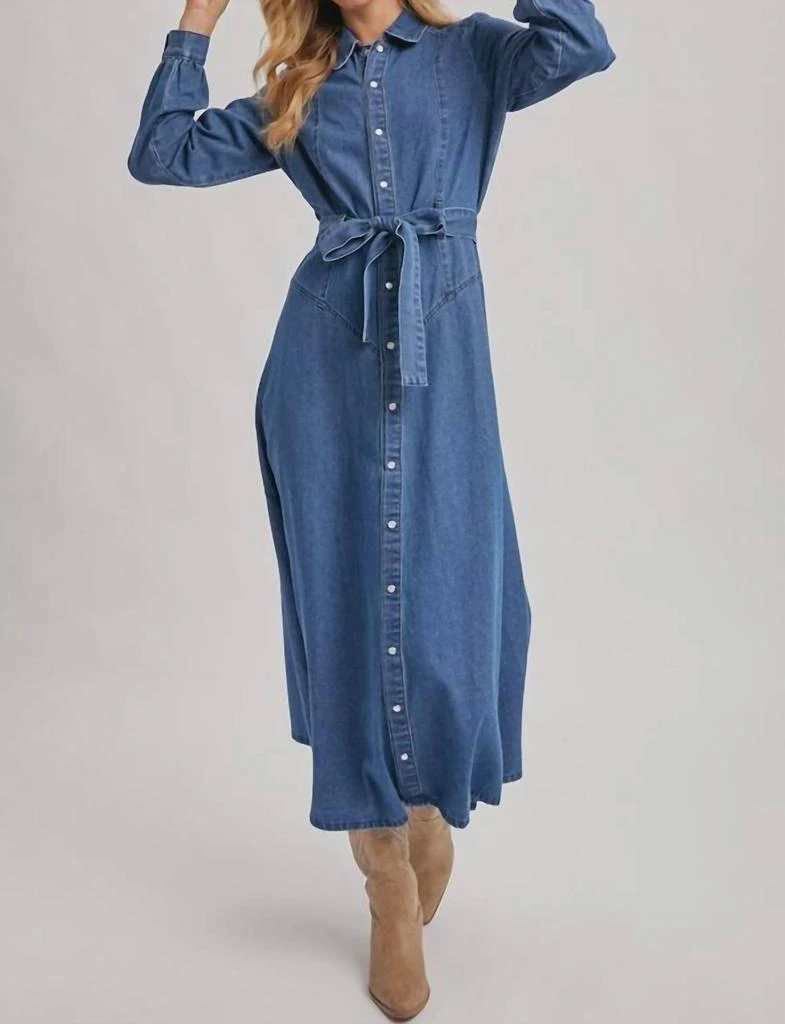 BluIvy Bluivy - Denim Button Down Belted Shirt A-line Maxi Dress 5