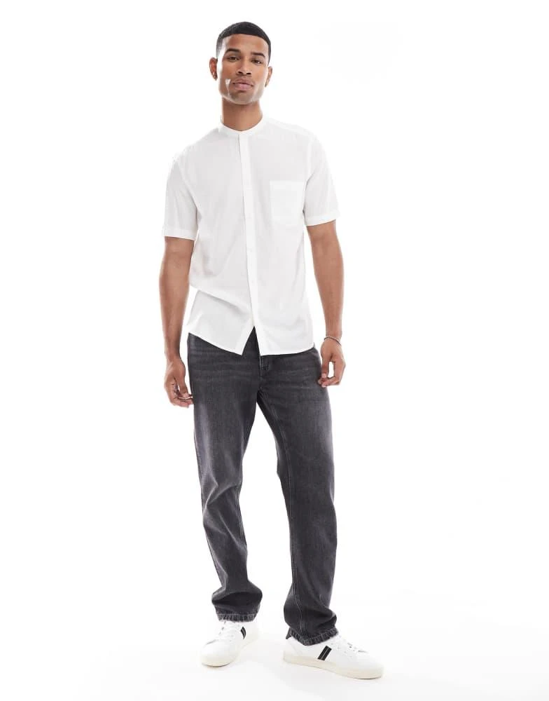 French Connection Mens French Connection short sleeve grandad collar linen shirt in white 3