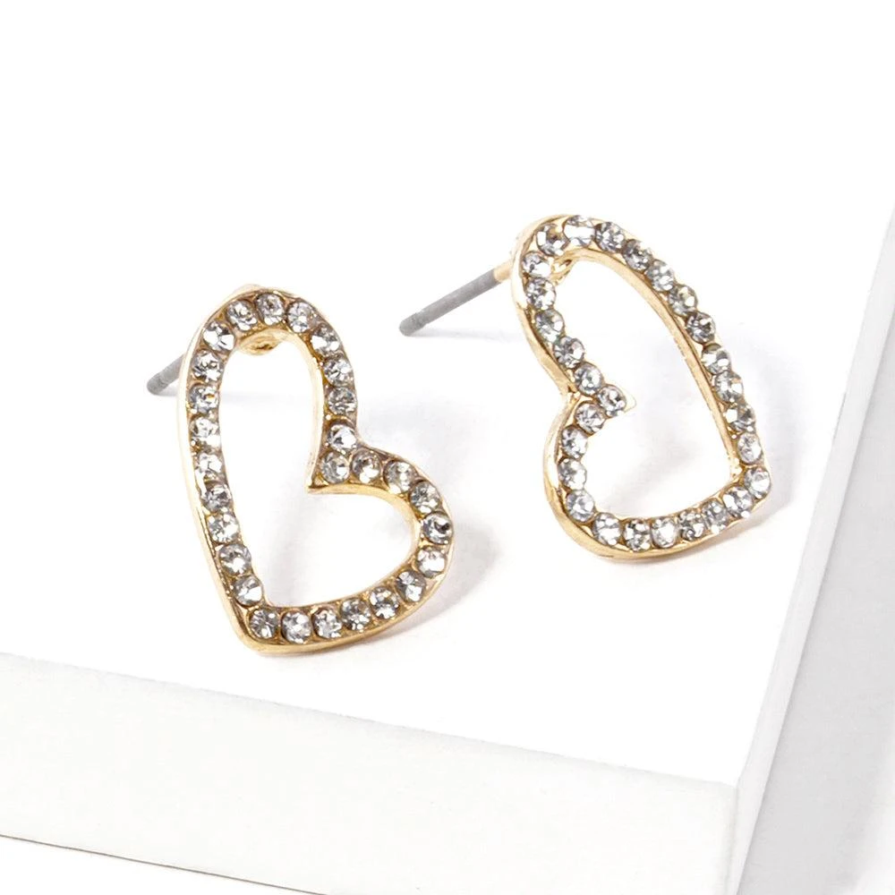 FASHNZFAB Rhinestone Crystal Pave Open Heart Stud Earrings