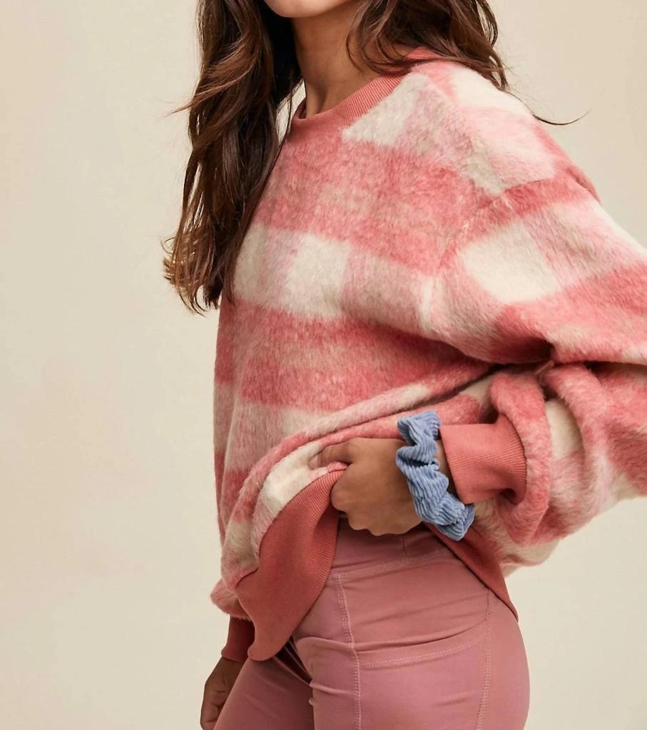 Listicle Fuzzy Plaid Sweater In Pink 2