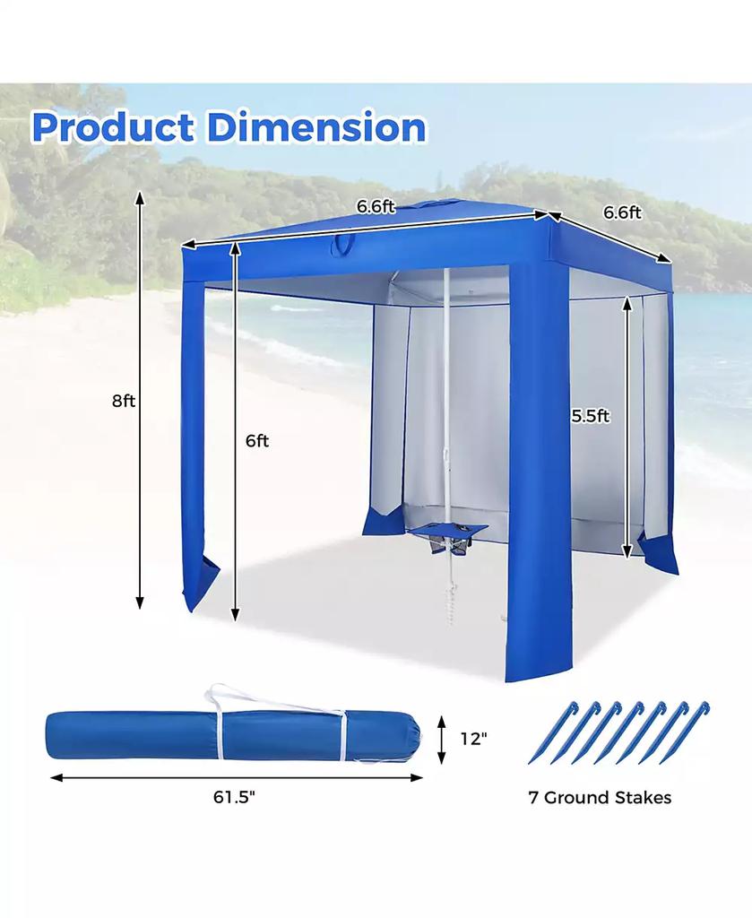 Costway UPF 50+ Beach Tent 6.6ft x 6.6ft Beach Cabana with Folding Table, 5 Sandbags