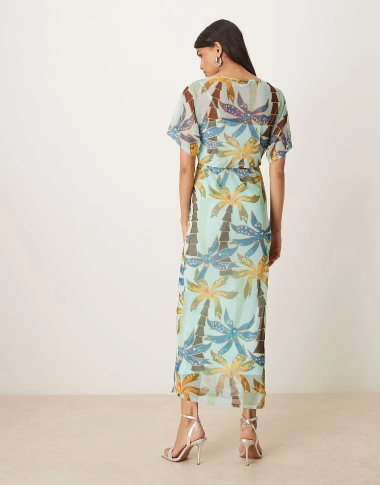 Never Fully Dressed Never Fully Dressed Tilly off asymmetric mesh maxi dress in blue palm print 4