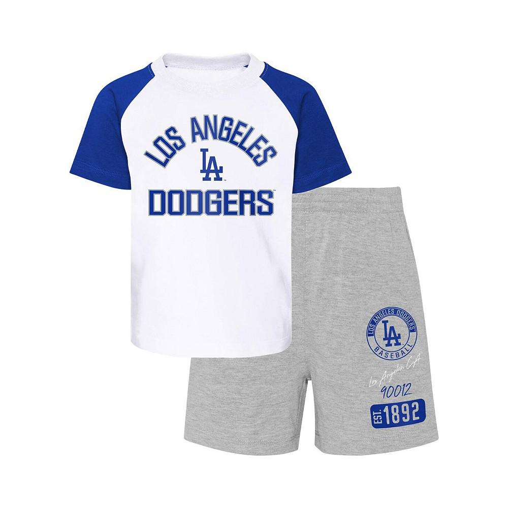 Outerstuff Toddler Boys and Girls White and Heather Gray Los Angeles Dodgers Two-Piece Groundout Baller Raglan T-shirt and Shorts Set
