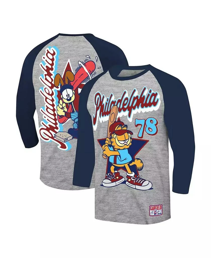 Ripple Junction Men's Heather Gray/Navy Garfield Philadelphia Baseball 3/4-Sleeve Raglan T-Shirt 1