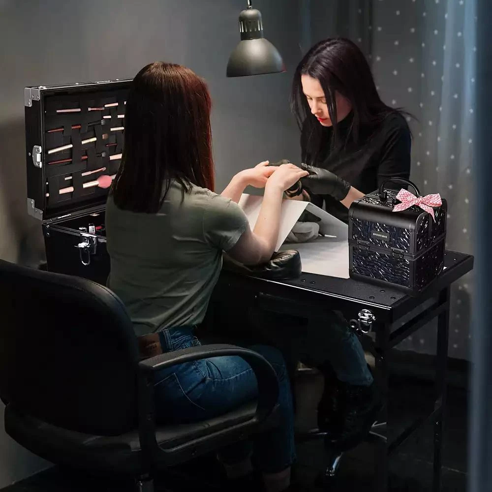 Byootique Aluminum Rolling Nail Table with Train Case Cosmetic Organizer Black 7