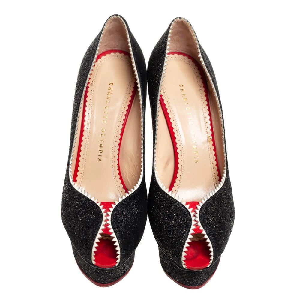 Charlotte Olympia Charlotte Olympia Black Glitter And Patent Leather Scalloped Trim Peep Toe Platform Pumps Size 37.5 3
