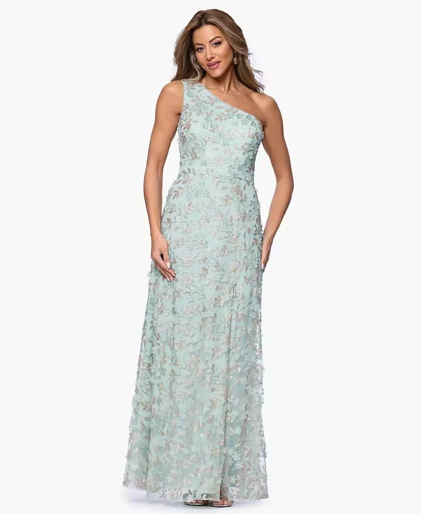 slim fit dress slacks Xscape Women's One-Shoulder Soutache Lace Gown - Sage/Gold main image 0