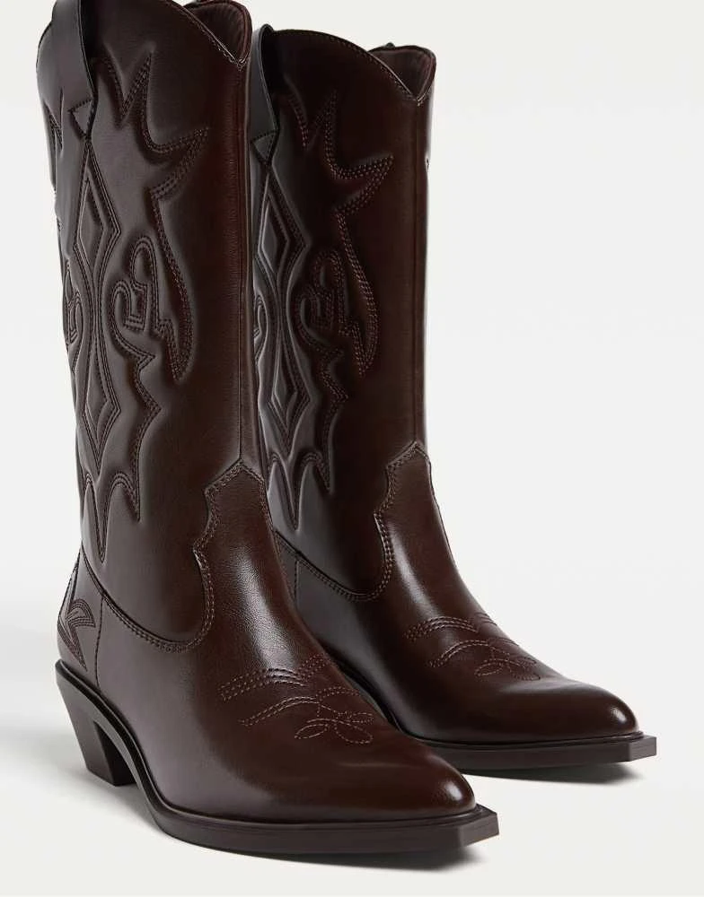 Stradivarius Stradivarius heeled cowboy boots in brown 3