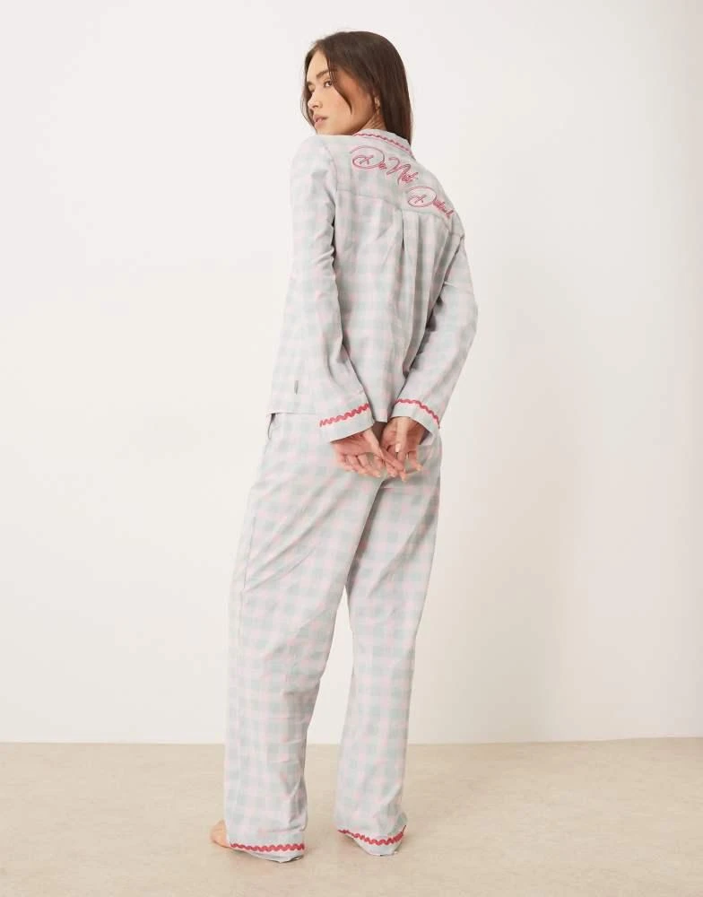 Chelsea Peers Chelsea Peers long pyjama set with embroidery and frill detail in pink and blue check print 2