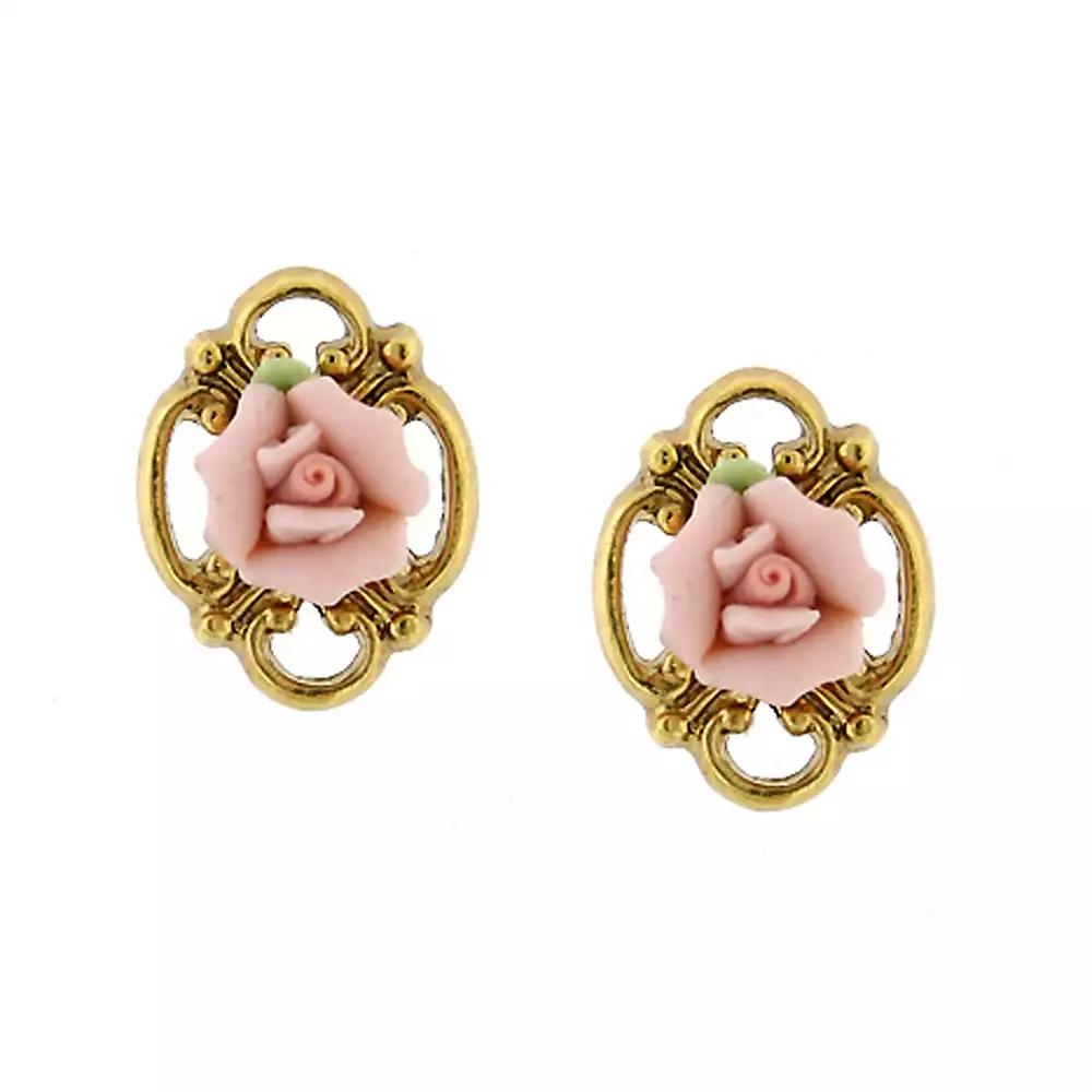 2028 Gold-Tone Pink Porcelain Rose Button Earrings