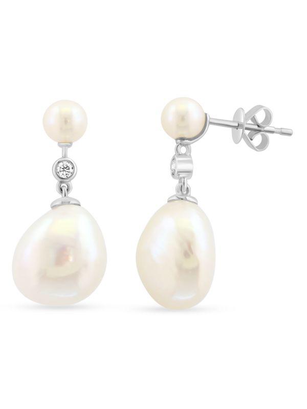 Effy 14K White Gold, Freshwater Pearl & 0.07 TCW Diamond Drop Earrings