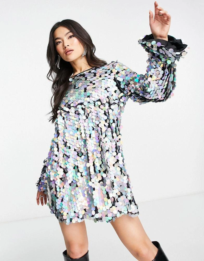 Shop NaaNaa premium sequin long sleeve mini dress in silver on