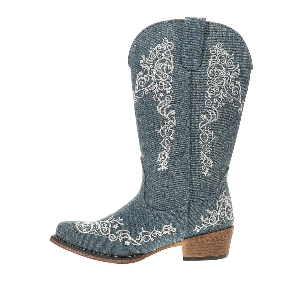 Roper Riley Scroll Denim Embroidered Snip Toe Cowboy Boots 3